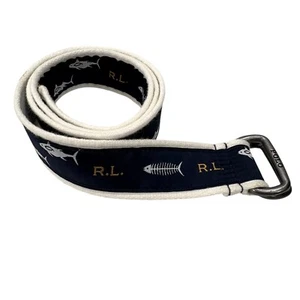 EUC Polo Ralph Lauren Kids Sharks And Fish Bones Navy White D Ring Belt 34" - Picture 1 of 5