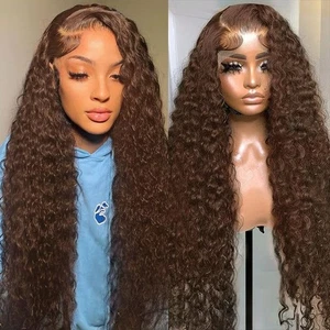 Schokoladenbraun 13x6 Deep Wave Lace Front Perücken Echthaar 210 Dichte Lockig Wi... - Bild 1 von 6