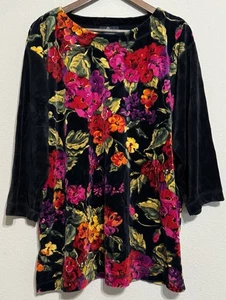 Carole Little Women’s 1X Tunic Velvet Top 3/4 Sleeve Black + Colorful Floral - Picture 1 of 8