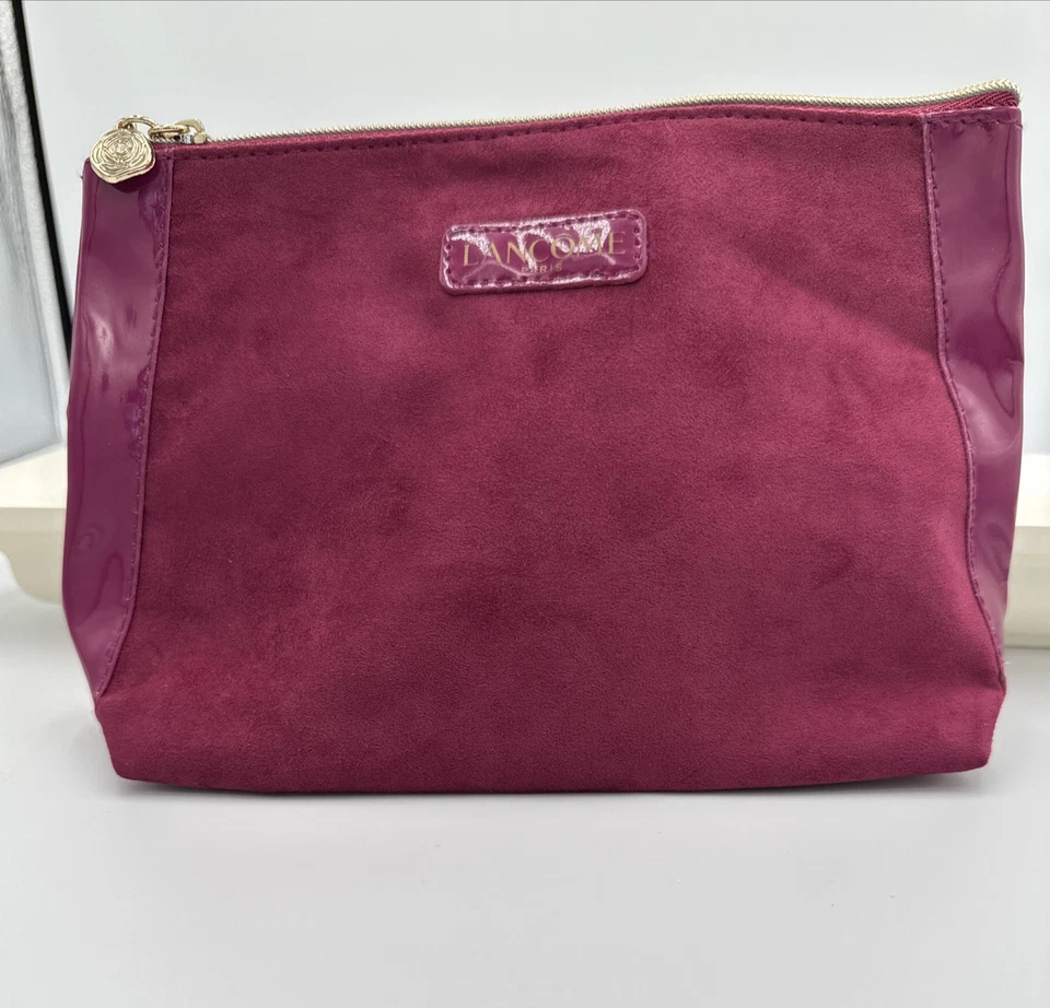 Lancome Paris Makeup Cosmetic Bag Hot Burgundy Faux Suede And Patient Leather - Image 1 of 4