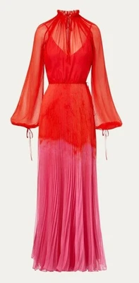 Vestido Brandon Maxwell Rojo Rosa Ombré Tinte Transparente Gasa Plisado Completo Caftán 6 Foto 1 de 4