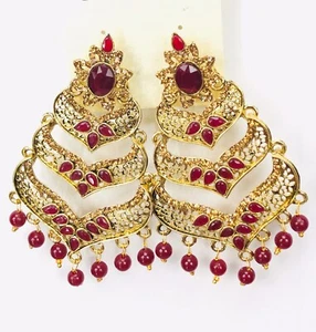 Bollywood Ethnic Gold Plated Zircon MaroonStone Beads Bridal Chandelier Earrings - Picture 1 of 5