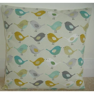 14x14 Cushion Cover Birds Mustard Ochre Yellow Teal Duck Egg Blue and Grey 14" - Picture 1 of 1
