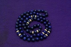 Deco LAPIS LAZULI 10mm Hand Knotted Bead 14k Ribbed Spacer Necklace 34" Long - Picture 1 of 2