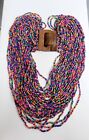 Vintage Chunky Boho Multi Color 30 Glass Seed Bead Wood Clasp Necklace 20"
