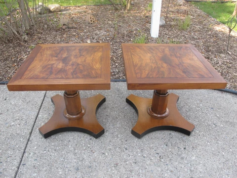 Pair Late 20th Baker Wood Campaign Style Burl Walnut Pedestal Side End Tables Cover