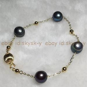 7-11mm Real Natural Black Freshwater Pearl Gold Chain Bangle Bracelet 7.5-8'' - Picture 1 of 8