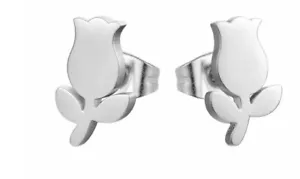 Stainless Steel Post Rose Silver Color Stud Earrings - Picture 1 of 2