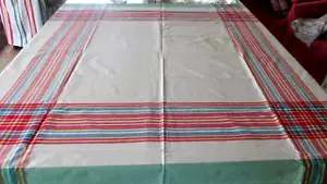 Vintage Cotton VGC Green Red Blue Yellow White Tablecloth 133 cms x 128 cms - Picture 1 of 8