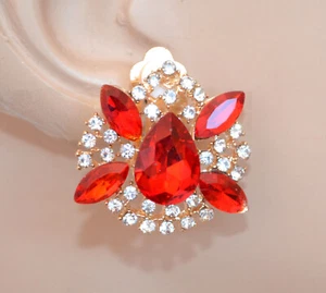 OHRRINGE Frau Damen CLIPS Gold Rot Strass Knopfohrringe Kristalle Elegant W27 - Bild 1 von 1