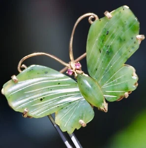 14K SOLID YELLOW GOLD 11.2GRAM 2"X1.2" GREEN JADE RUBY EYES BUTTERFLY PIN BROOCH - Picture 1 of 9