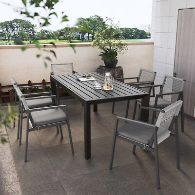 7 Pieces Outdoor Patio Dining Set Aluminum  Table Woven Rope 6 Chairs W/ Cushion - Image 1 of 4