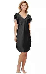 Shadowline Nightgown Women's Black Satin Silky Short Sleepshirt Lace Trim - Picture 1 of 4