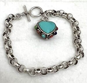 SX Turquoise Bracelet 925 Sterling Silver Red Green Pink Rolo Chain Heart 7.5”