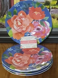 New Prima Design Melamine Floral  Blue Salad Plates 9" Set of 4 - Picture 1 of 3