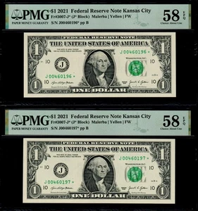 Consecutive Pair 2021 $1 KANSAS CITY STAR NOTES PMG 58 EPQ Fr 3007-J* 500K Run - Picture 1 of 2