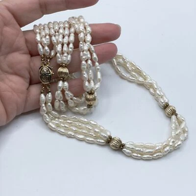 Genuine Freshwater Rice Pearl Triple Strand Gold Bead Necklace 27" Total Length - Image 1 of 4