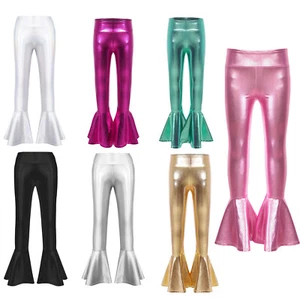 Girls High Waist Shiny Flare Legging Trousers Ruffle Bell Bottom Pants Dancewear - Picture 1 of 57