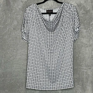 Dana Buchman 2X Shirt Top Blue Geometric Cap Short Sleeve Cowl Neck Stretch - Picture 1 of 7