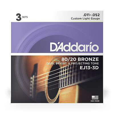 3 Sets Of D'Addario EJ13 80/20 Bronze Acoustic Guitar Strings Custom Light 11-52 • 17.99£