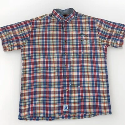 VINTAGE HOOK & TACKLE Sz XL Button Up Short Sleeve Plaid Embroidered Fish - Image 1 of 4