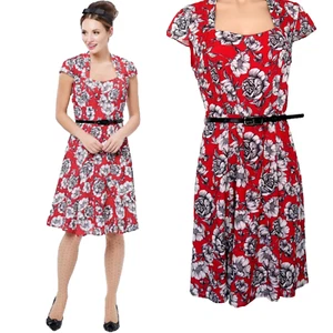 Review Dress Size 10 Fit & Flare Cap Sleeves Black Belt Square Neck Red Floral - Picture 1 of 16