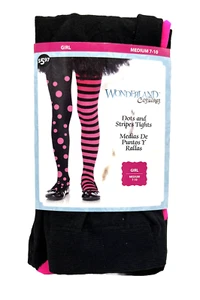Neu Wonderland Kostüme Mädchen Strumpfhose rosa & schwarz Streifen Punkte Größe Medium 7-10 - Bild 1 von 6