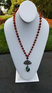 VTG 40s CHINESE AMBER JADE & TURQUOISE SILVER PENDANT NECKLACE