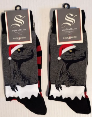 2x Meias SockSmith Crew Natal Dinossauro Mistura de Algodão Cinza Vermelho - Masculino Tamanho 10-13 - Imagem 1 de 4