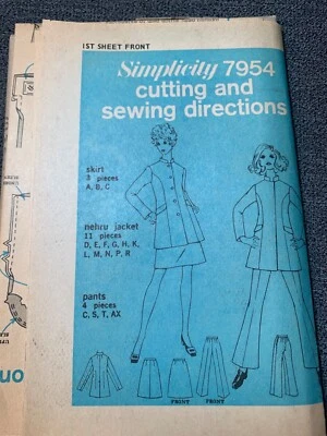 Vintage Simplicity 7954 Sewing Pattern For Skirt Nehru Jacket Size 8 1960s uncut - Image 1 of 4