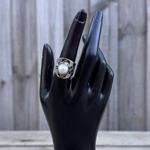 925 Sterling Silver Ring Pearl-Like Cabochon Wide Filigree Band Size M 1/2 - Picture 1 of 10