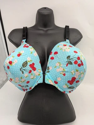 48DD Torrid Perfect T Front Close Lightly Lined Underwire Bra Cherries Blue - Image 1 of 4