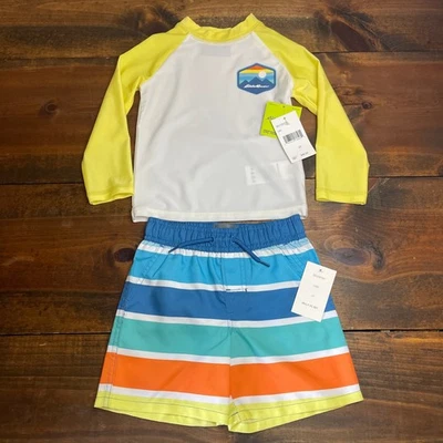 Eddie Bauer Jungen 2T Langarm Rash Guard Badehose 2-teiliges Set gelb blau - Bild 1 von 4
