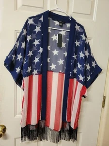 Cejon American Flag Stars Stripes Patriotic Open Kimono Poncho Wrap Cover Up NEW - Picture 1 of 2