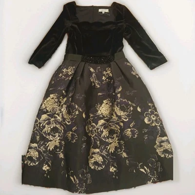 Vestido Rickie Freeman Teri Jon Negro Vieira Terciopelo Cinturón Metálico Jacquard Talla 4 Foto 1 de 4