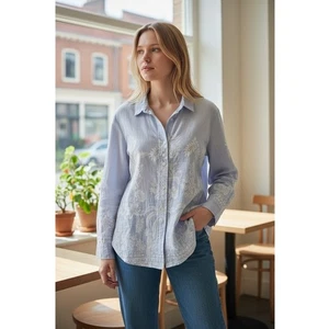 Calypso St Barth Shirt Women Large Blue Cotton Floral Button Down Boho Preppy - Picture 1 of 12