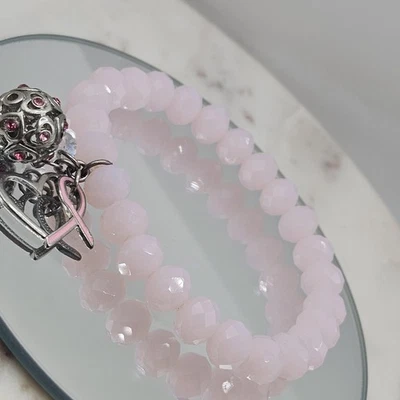 Rose Quartz Faceted Pink Bracelet Breast Cancer Ribbon Heart Charm Silver Tone - Image 1 of 4