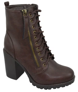 Soda Women Chunky High Heel Combat Army Military Riding Boot Booties Brown MALIA - Picture 1 of 3