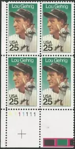 Plate Block of 4 stamps - Scott 2417 - 25 cent - Lou Gehrig - 1989 - MNH - Picture 1 of 1