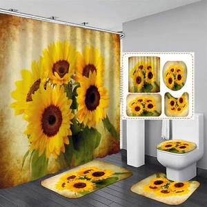 Sunflower Shower Curtain 4 Piece Set Floral Bathroom Decor with Rugs - Picture 1 of 7
