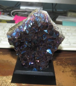 METALIZED AMETHYST CRYSTAL CLUSTER GEODE FROM BRAZIL CATHEDRAL W/ WOOD BASE  - Picture 1 of 5