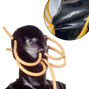 Mesh Eyes Latex Hood Rubber Mask with Breathing Tube Play Suffocation Fetish - Picture 1 of 7