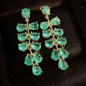 Elegant Jewelry Ice Green Tourmaline Gems Yellow Gold Grape Dangle Hook Earrings - Picture 1 of 6