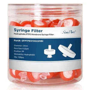 Simpure 500 Stück HPLC PTFE Spritzenfilter 0,22 μm 13 mm Prefiler Hydrophobgewinde - Bild 1 von 23