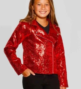 Girls' JoJo Siwa Closet Holiday Collection Zip Moto Sequin Jacket Red S M L XL - Picture 1 of 6