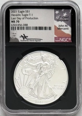 2021 SILVER EAGLE HERALDIC EAGLE TYPE 1 LAST DAY OF PRODUCTION NGC MS70 MERCANTI - Image 1 of 2