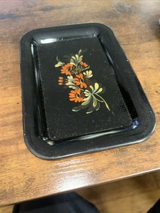 Pennsylvania Dutch Style Antique Steel Tray 6.75x4.75in Black Floral - Picture 1 of 4