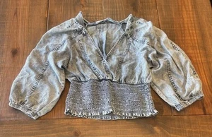 Zenana NWT JR Women S Faded Fluid Lyocell-Denim Crop Top Dolman Smocked Blouse - Picture 1 of 10
