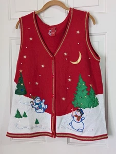 Ugly Christmas Sweater Vest Holiday Womens Large Red Snowman Winter Wonderland - Picture 1 of 10