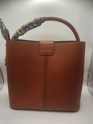 Nanette Lepore Brown Pebbled Faux Leather Tote Bag Floral Handle Scarf  - Image 1 of 4